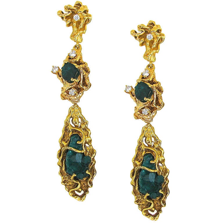 A Dramatic Pair of Chatham Emerald Diamond Earrings