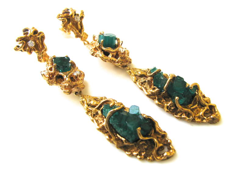 A Dramatic Pair of Chatham Emerald Diamond Earrings In Excellent Condition In Cincinnati, OH
