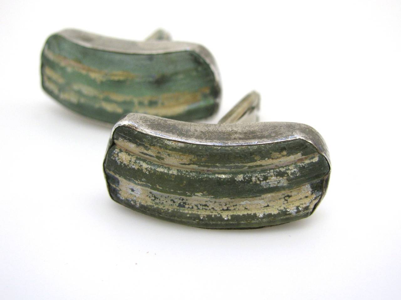 Ancient Roman Glass and Sterling Cufflinks In Excellent Condition In Cincinnati, OH