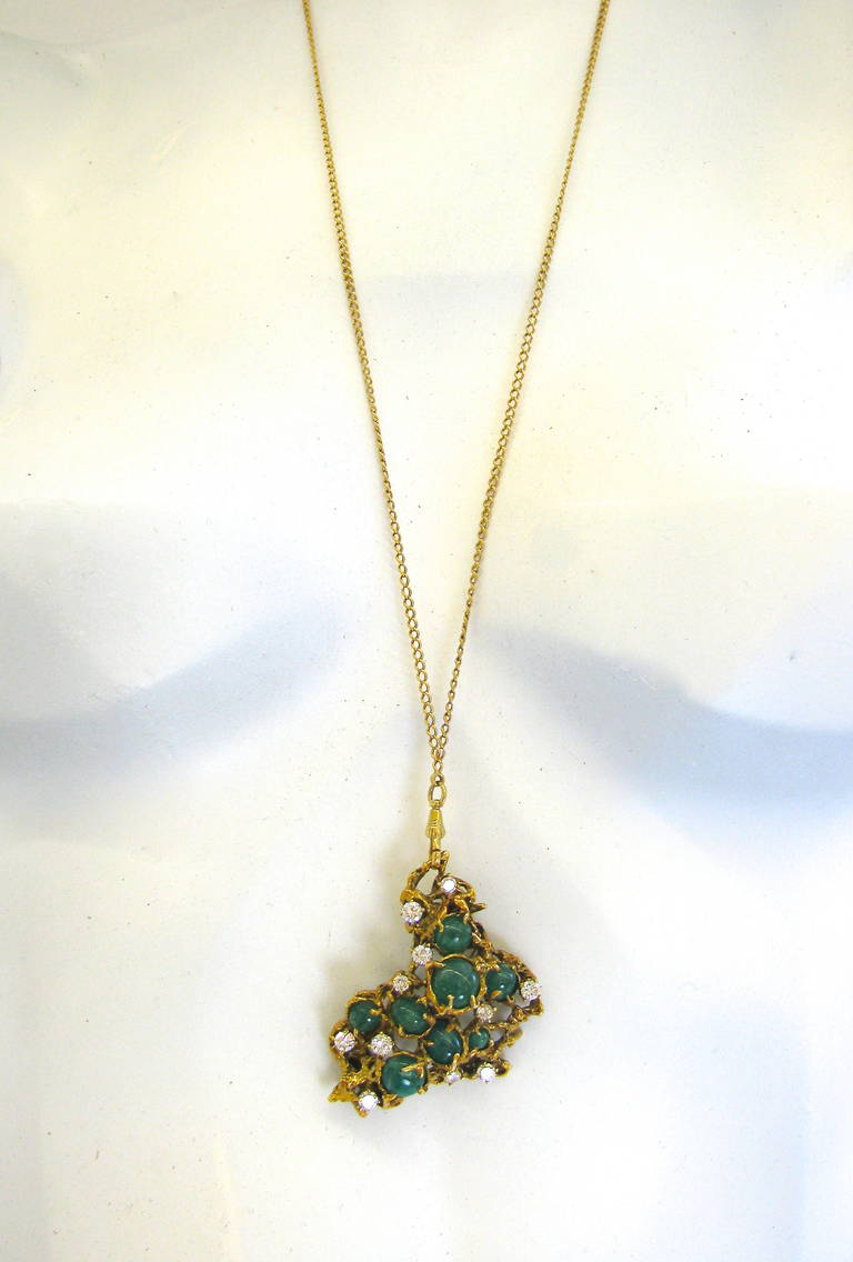 Arthur King Brutalist Emerald Diamond Gold Pendant Brooch 2