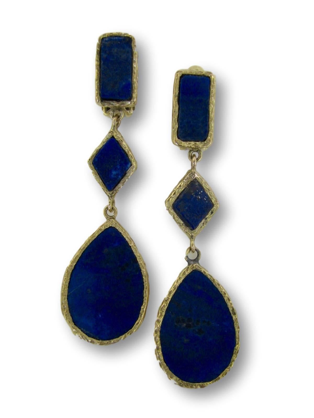 Modernist 1970s Lapis Lazuli  Gold Dangle Earrings