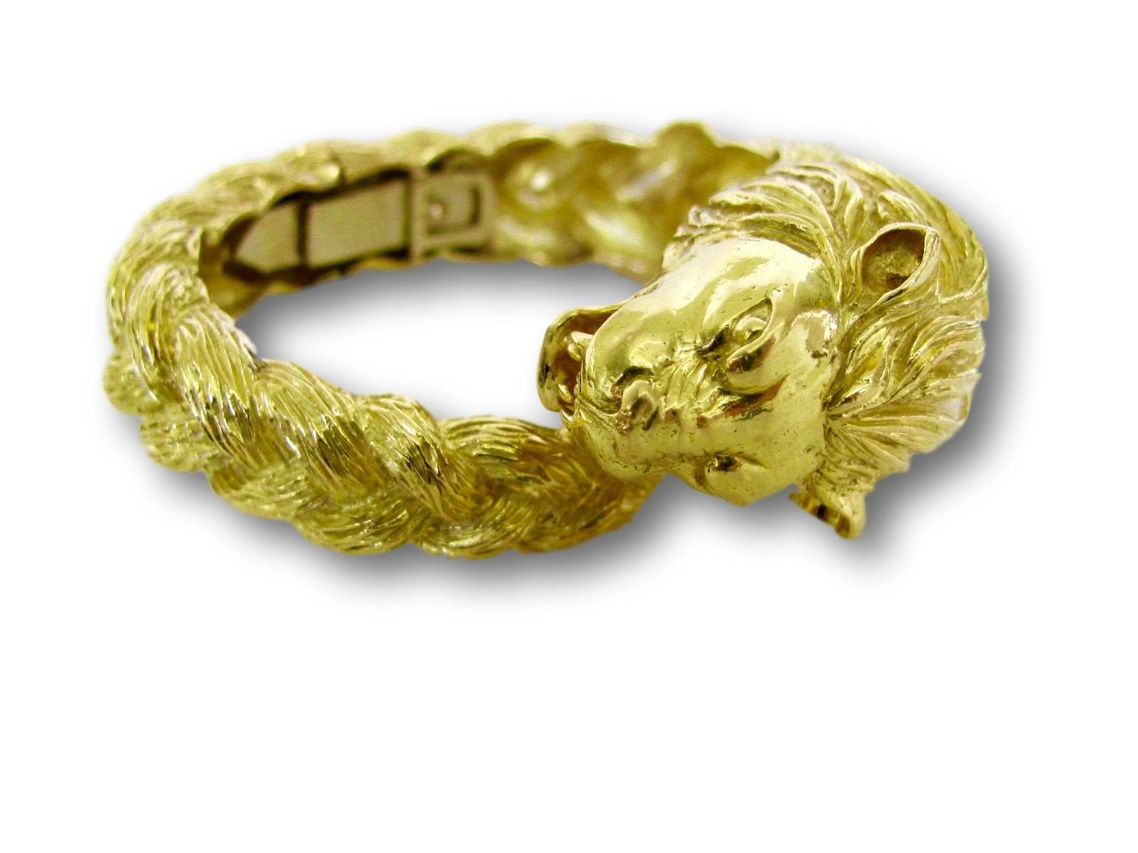 Gold Lion Head Zodiac Bangle Bracelet, circa 1970 1