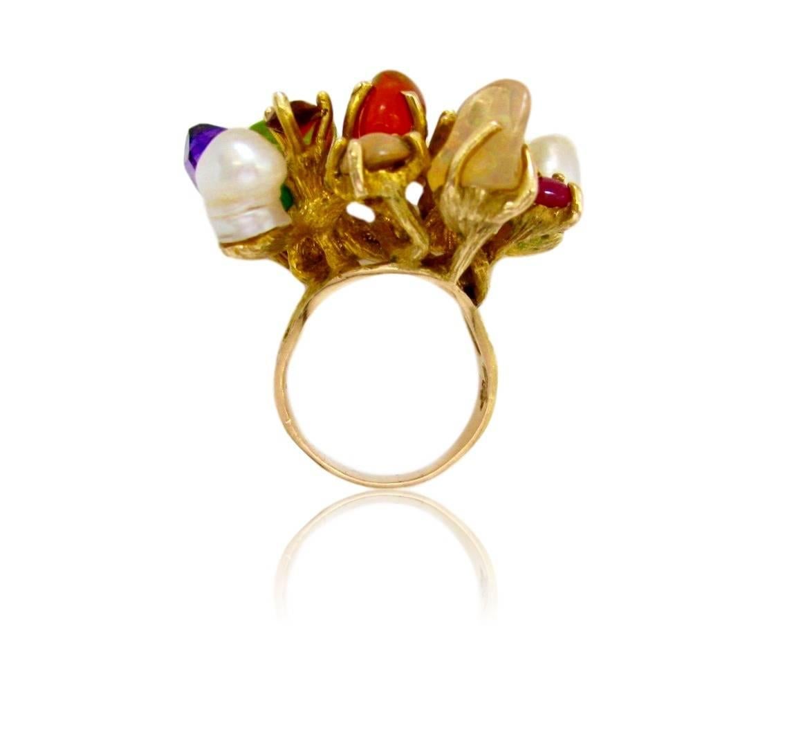 Mixed Cut 1970s Virgilio of Taxco Modernist Gemstone Cocktail Ring