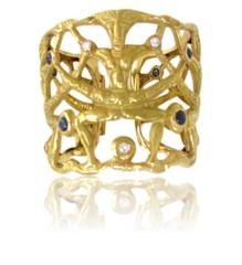 Sapphire Diamond and Gold Tribal Motif Cuff Bracelet Circa 1960