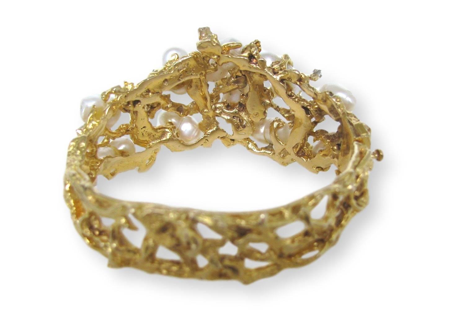 Modernist Gold Pearl Diamond Bracelet 