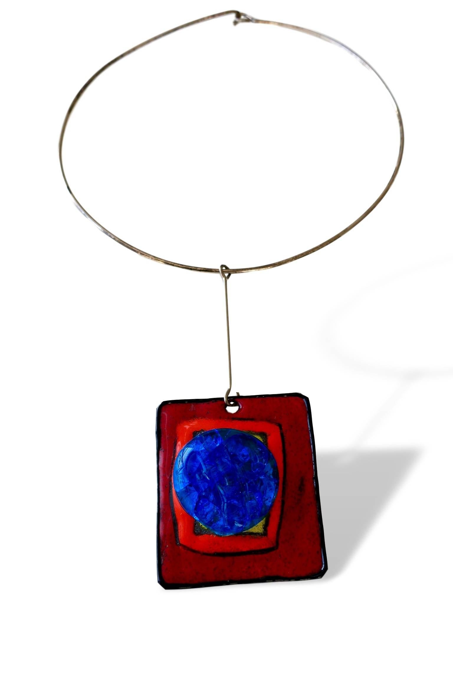 Modernist Pierre Cardin Silver Enamel and Glass Pendant Necklace, French, circa 1965 For Sale