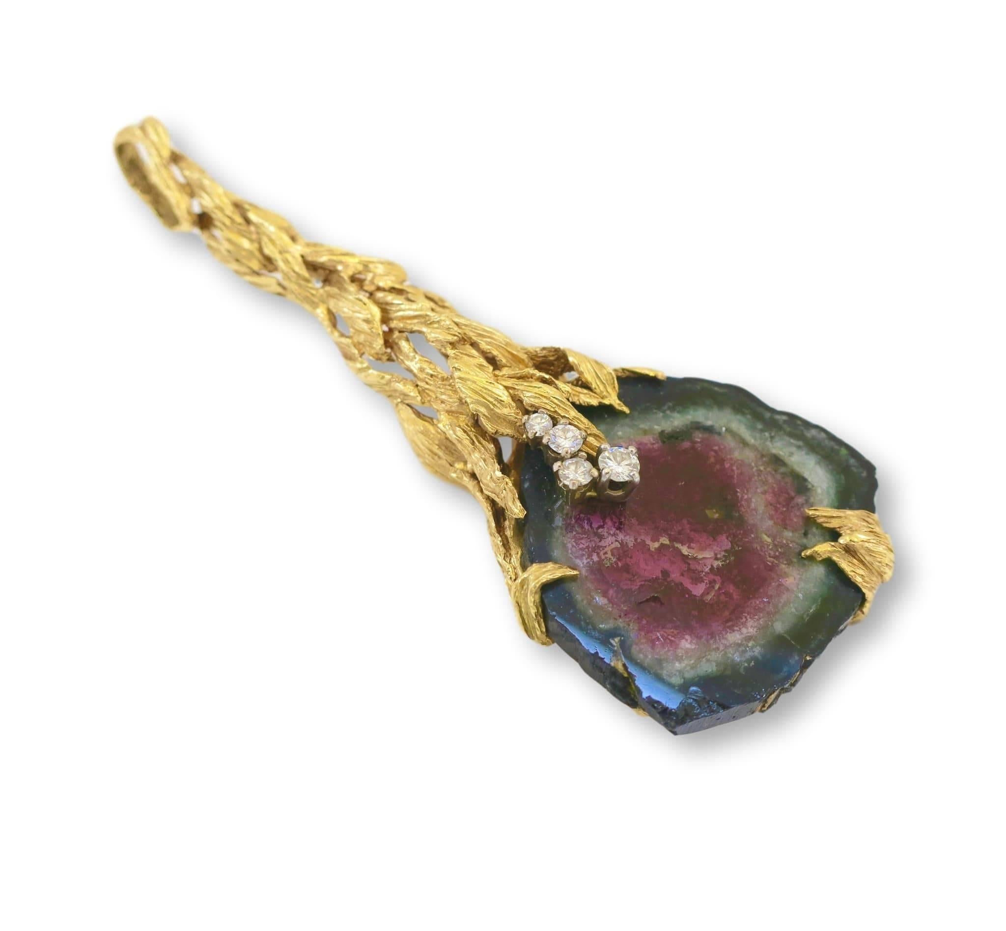 Artisan 1970s Gilbert Albert Watermelon Tourmaline Gold Pendant