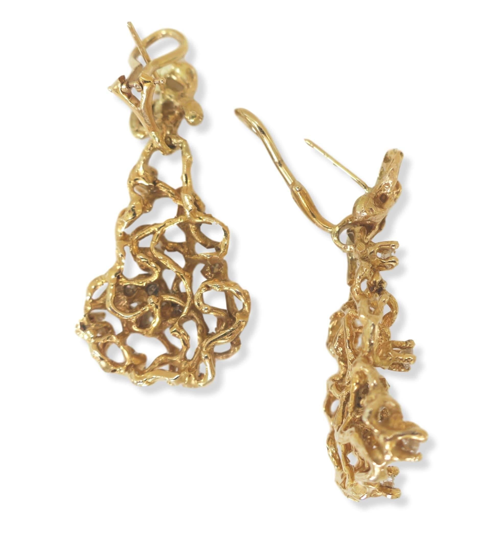 Artisan Free-Form Gold and Diamond Dangle Earrings, 1970s