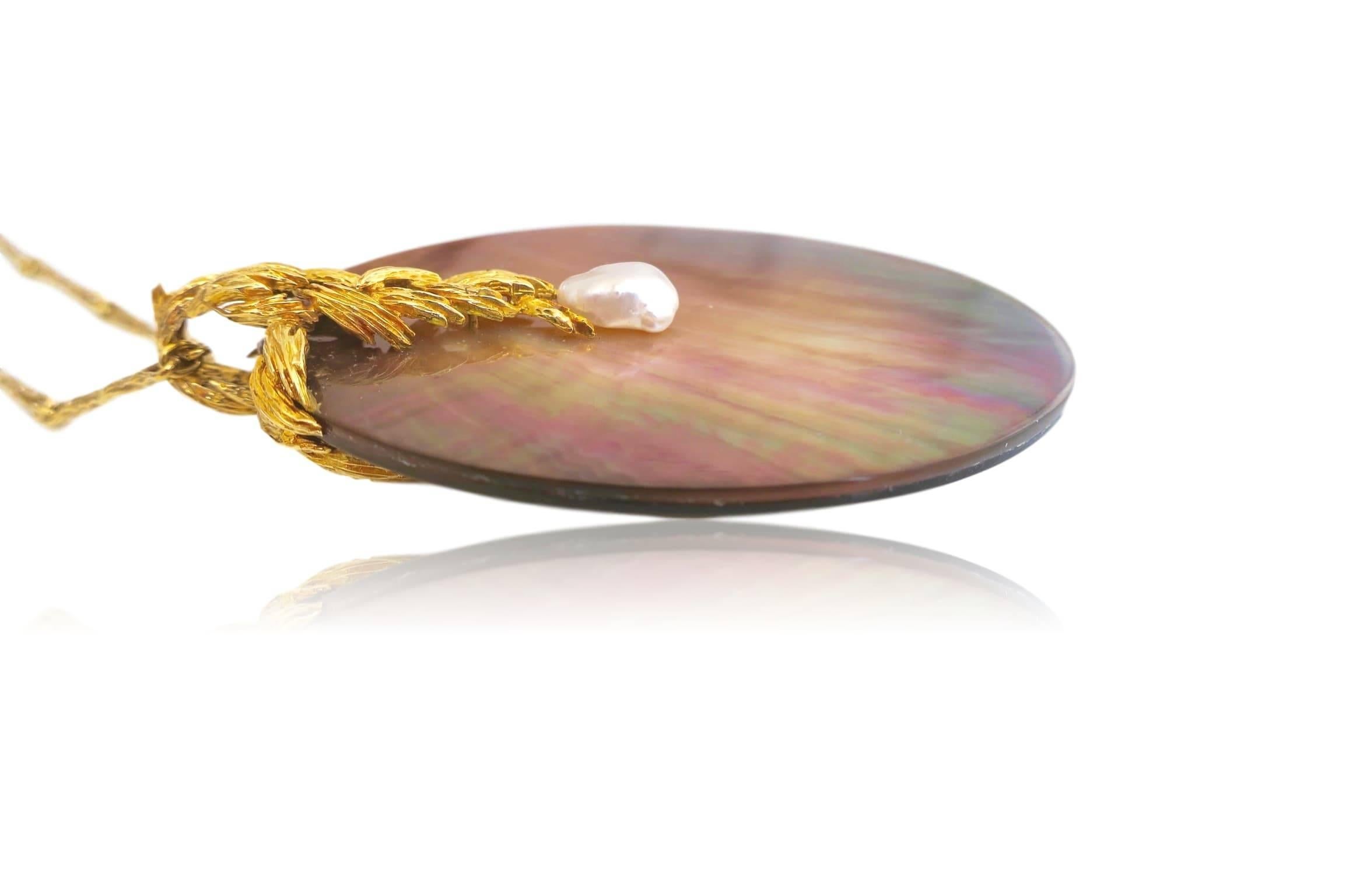 Artisan Gilbert Albert Gold Necklace with Abalone Shell and Keshi Pearl, 1970s