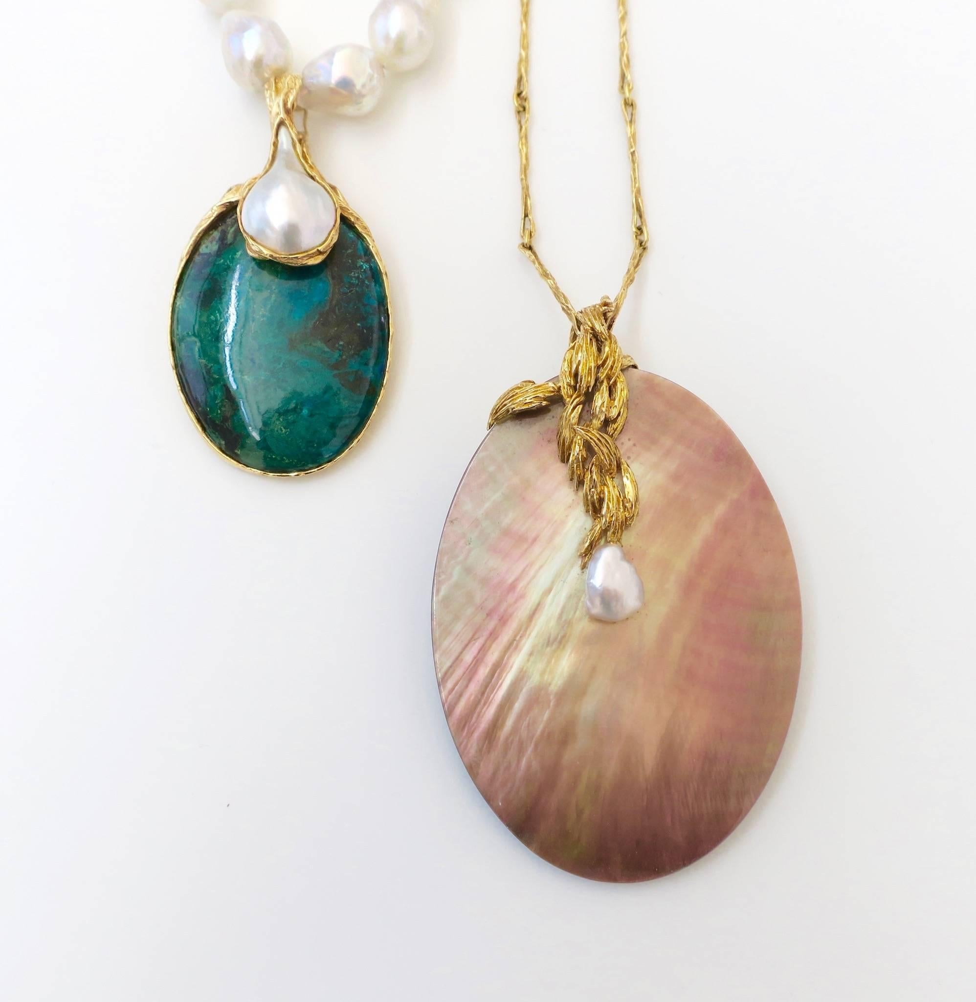 Gilbert Albert Gold Necklace with Abalone Shell and Keshi Pearl, 1970s 1