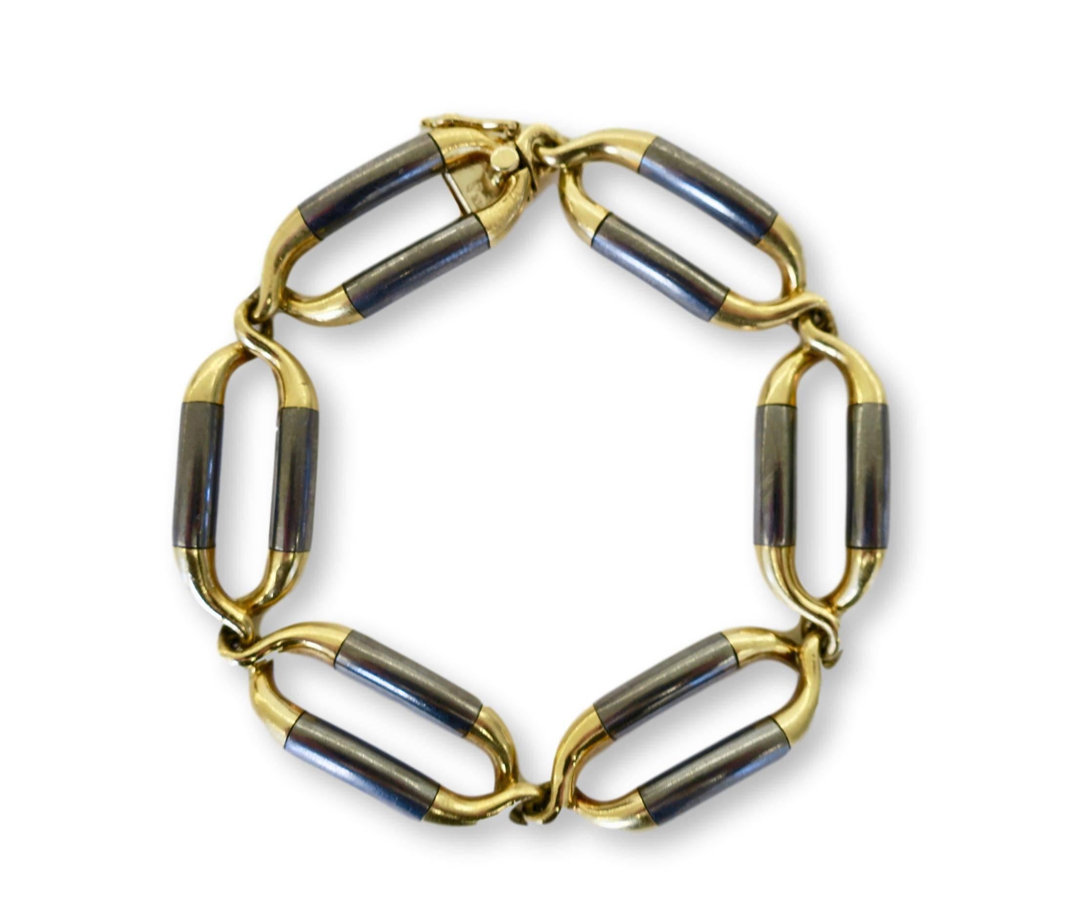 Modernist Van Cleef & Arpels Steel and Gold Link Bracelet
