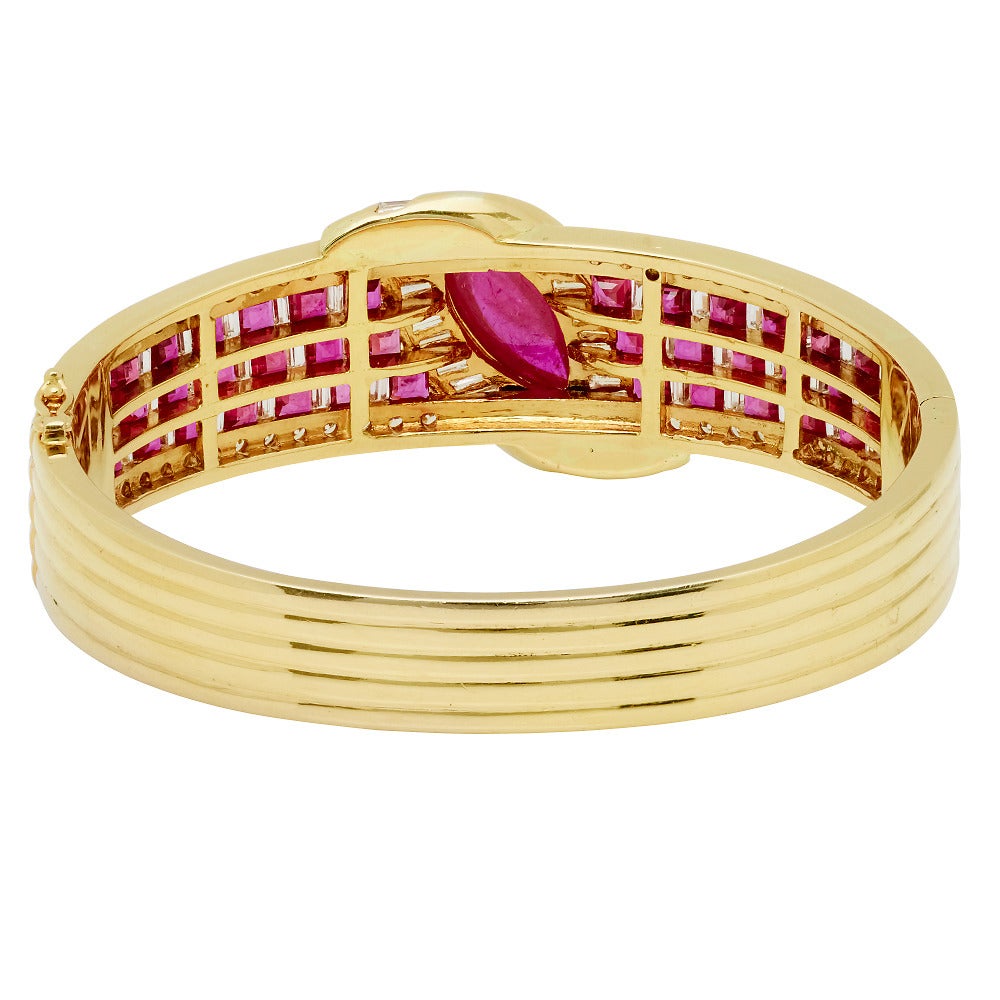 Women's Cabochon Ruby Diamond Gold Bangle Bracelet