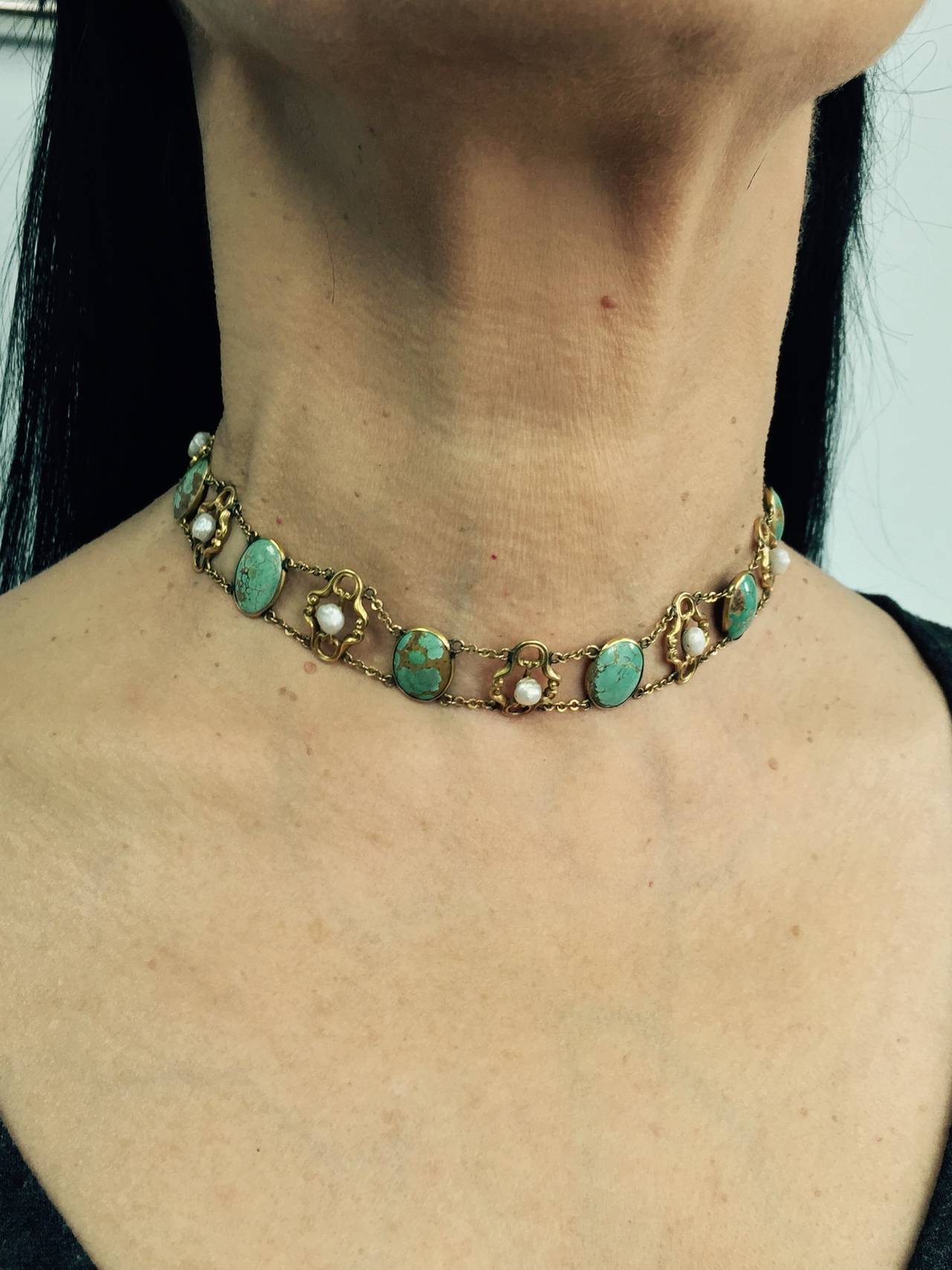 Art Nouveau Turquoise and Natural Pearl Necklace In Excellent Condition In Los Angeles, CA