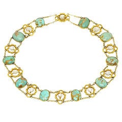 Art Nouveau Turquoise and Natural Pearl Necklace