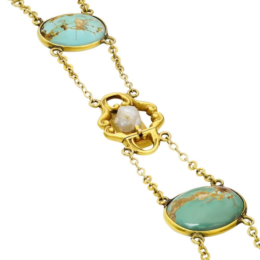 Bautiful Turpuoise and natural pearl choker necklace. 10 cabochon turquoise conected by 14k yellow gold hand made link chain. Length 14 inches and width is 1/2 inch