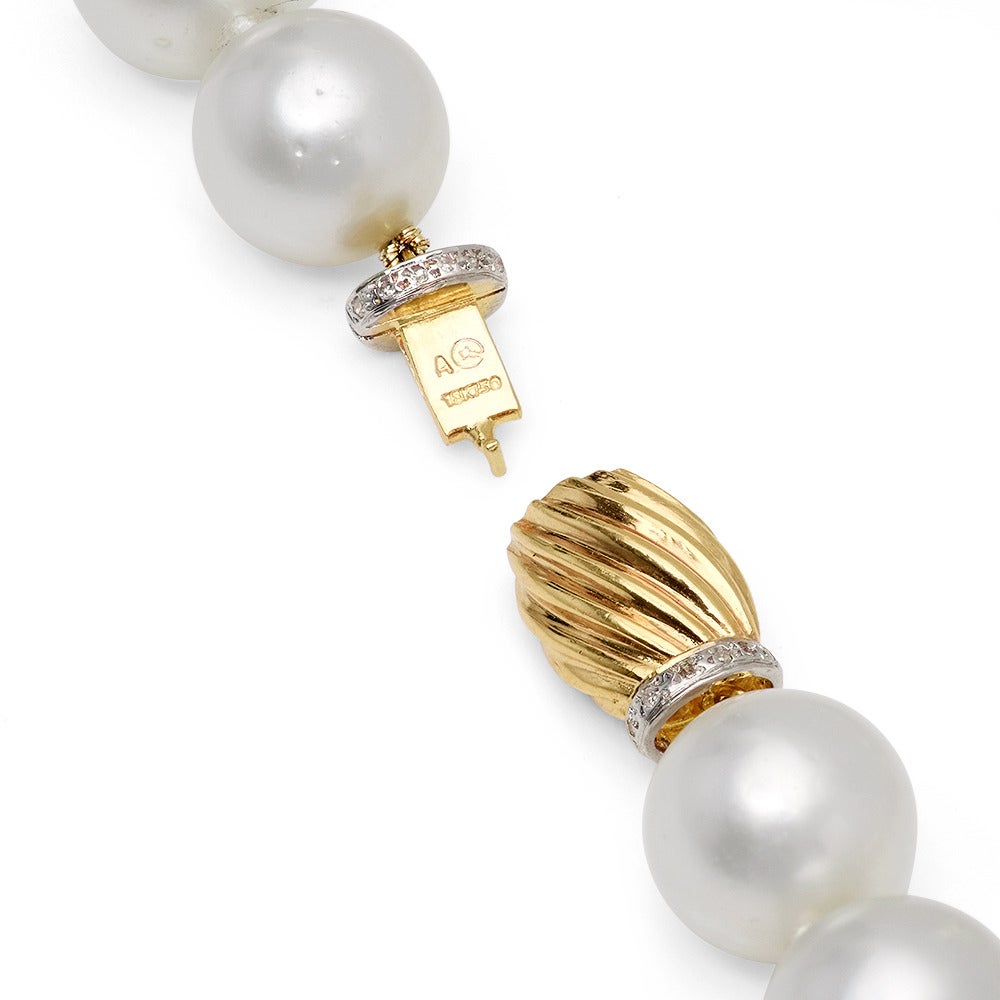 Giant 17.5 MM Strand of South Sea Pearls.
A rare large 17.5mm center and flanked by 16.8 mm slightly graduationing to 12.5 at the clasp. 28 pearls make up this 17 1/2 length necklace. Beautiful Cream color with white undertone make up the over all