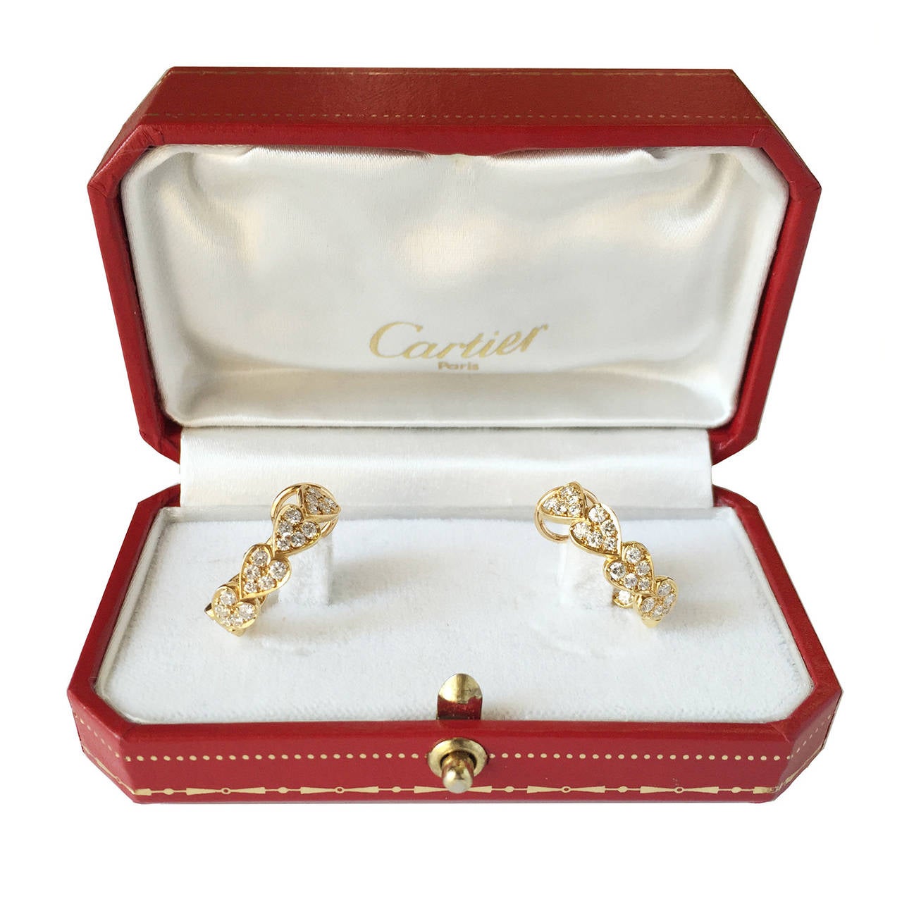 Women's Cartier Heart Motif Diamond Gold Hoop Earrings For Sale