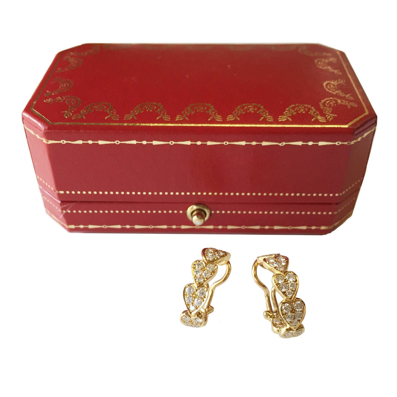 Cartier Heart Motif Diamond Gold Hoop Earrings For Sale 1