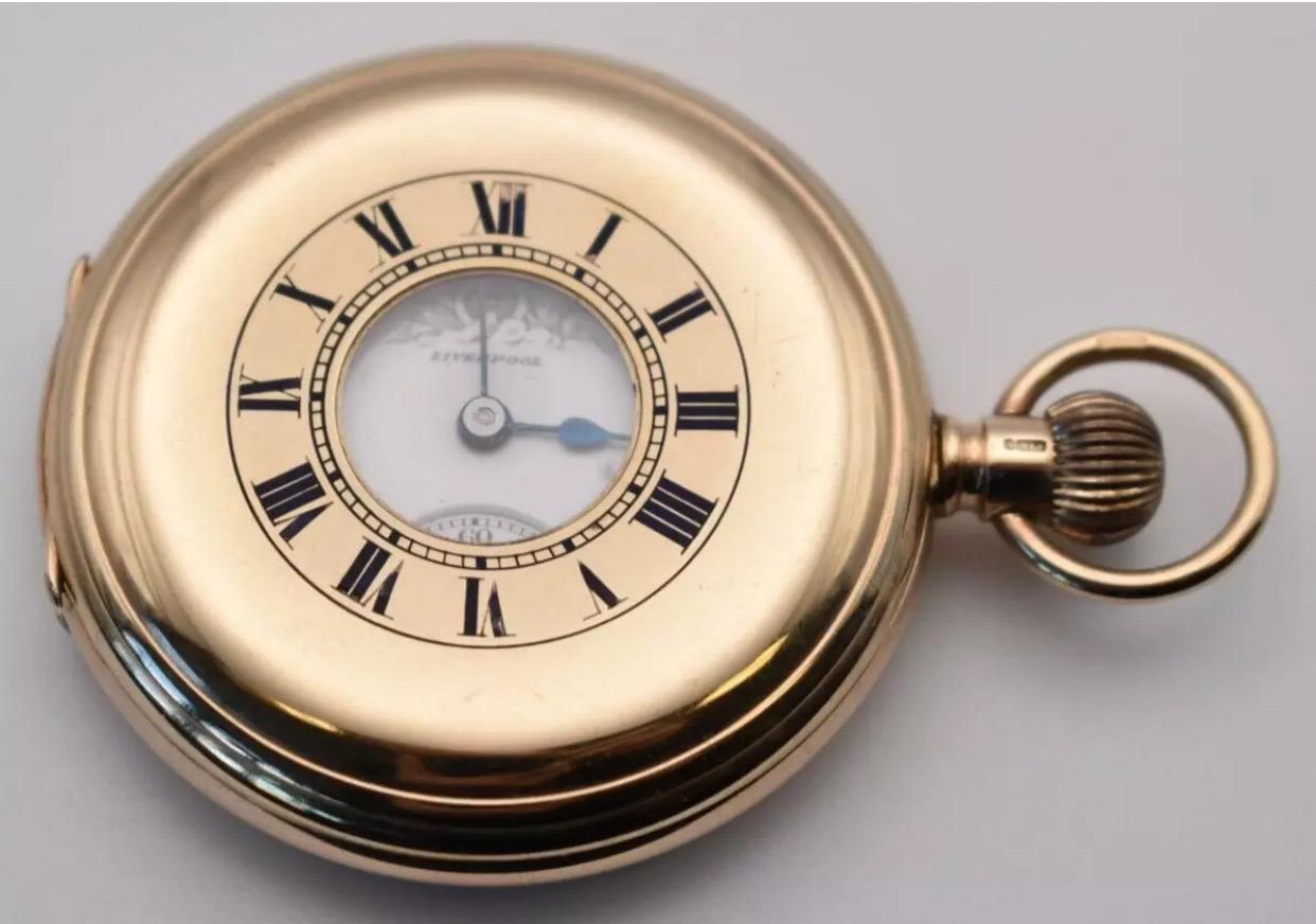 C1930 9ct Gold Thos Russell & Son Liverpool 15 Jewels Half Hunter Pocket Watch For Sale 2