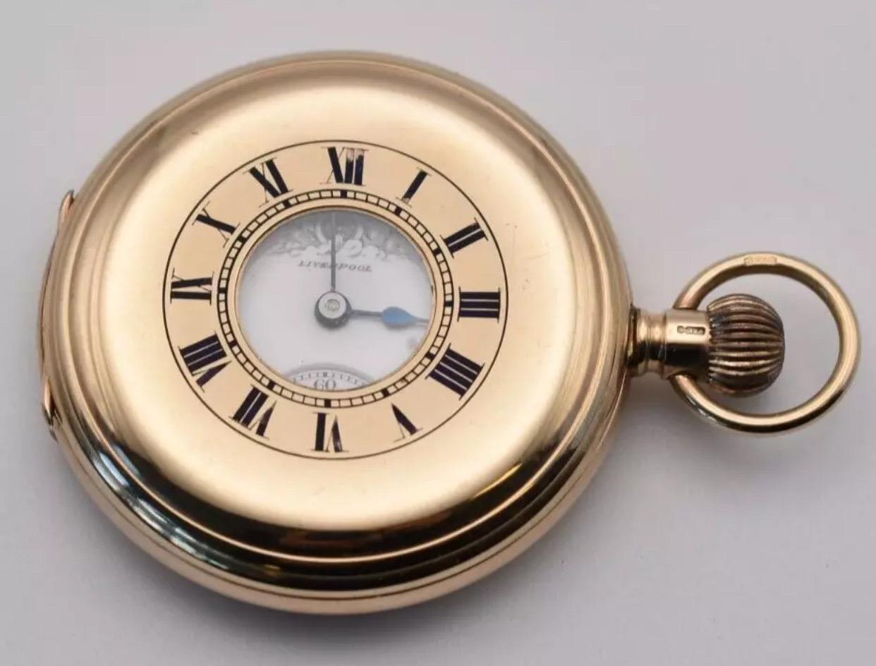 C1930 9ct Gold Thos Russell & Son Liverpool 15 Jewels Half Hunter Pocket Watch For Sale 3