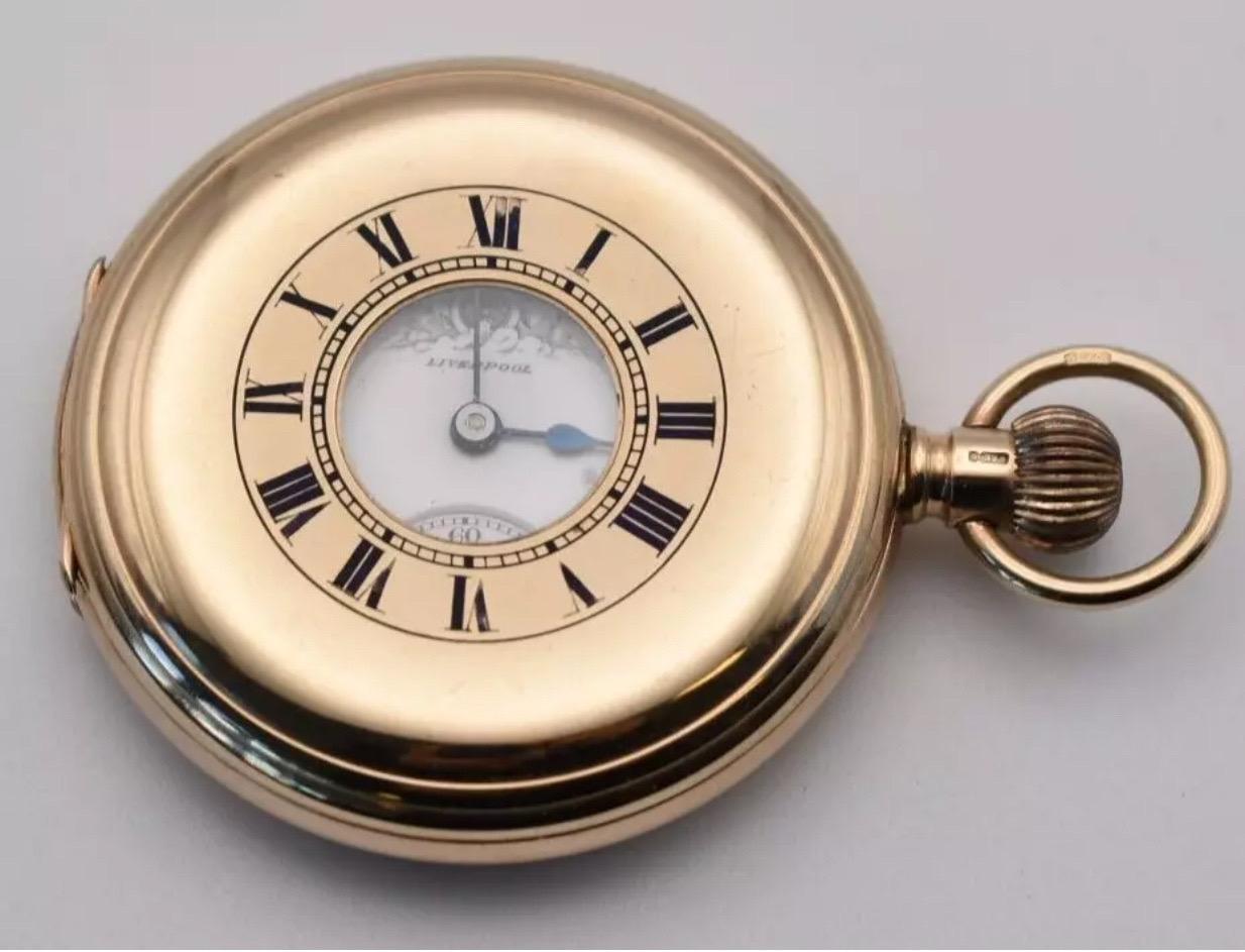 C1930 9ct Gold Thos Russell & Son Liverpool 15 Jewels Half Hunter Pocket Watch For Sale 4