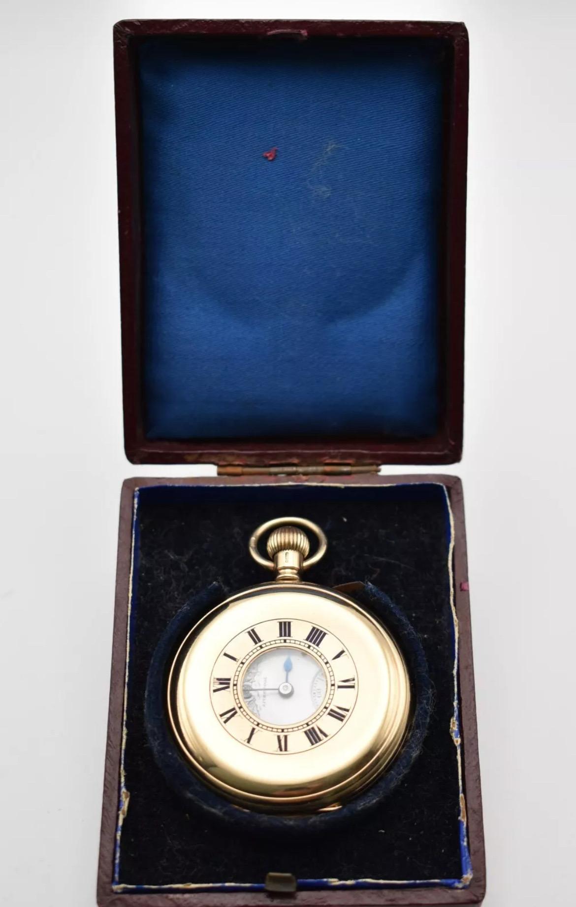 C1930 9ct Gold Thos Russell & Son Liverpool 15 Jewels Half Hunter Pocket Watch For Sale 6