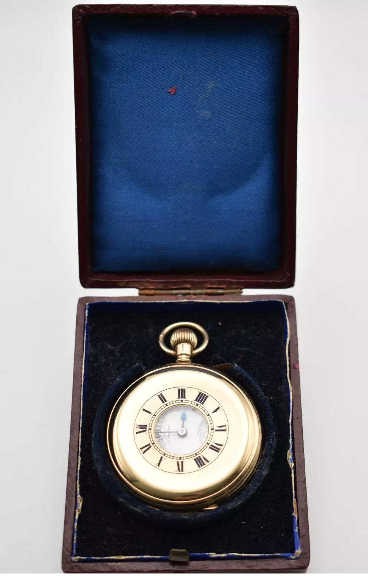C1930 9ct Gold Thos Russell & Son Liverpool 15 Jewels Half Hunter Pocket Watch For Sale 7