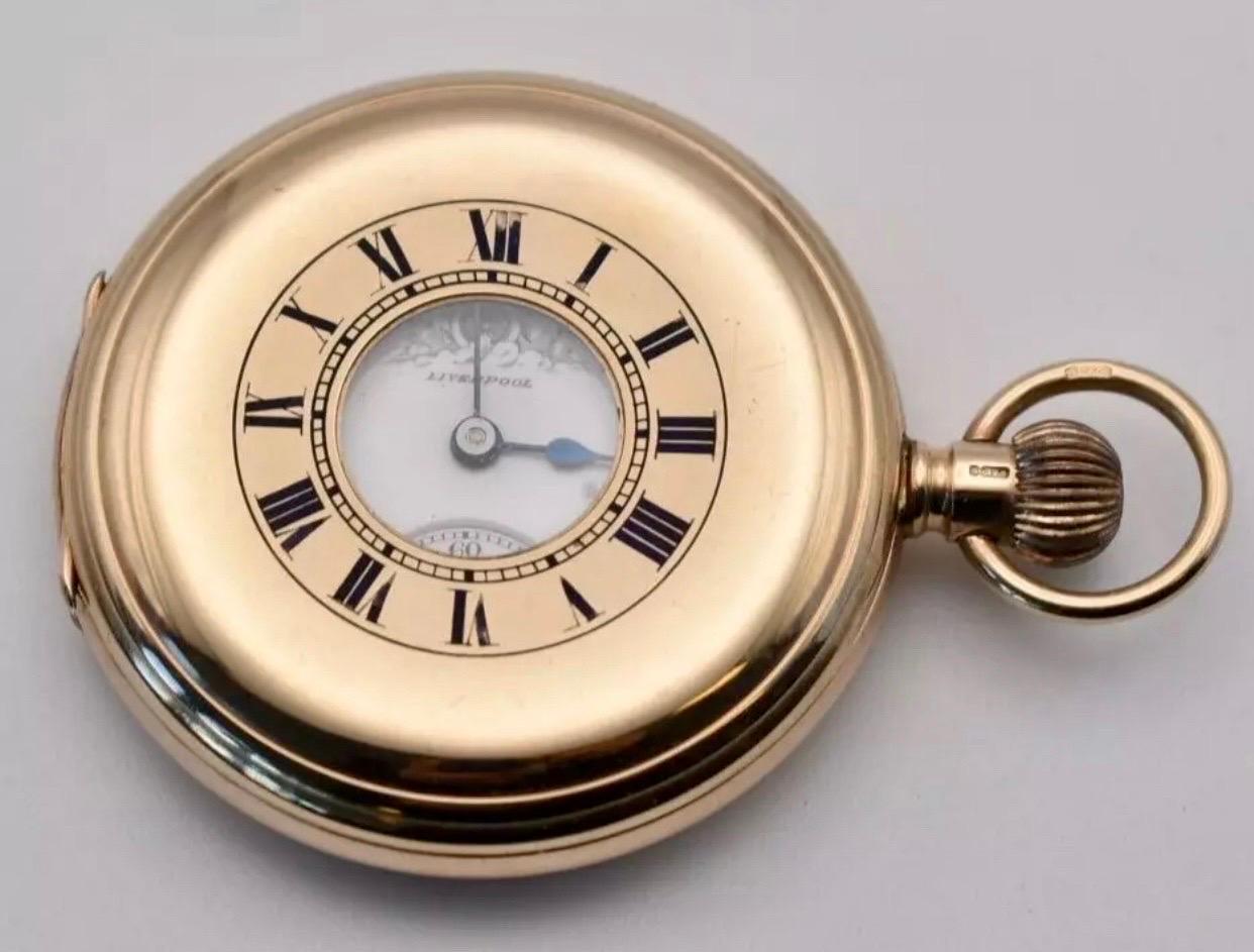 C1930 9ct Gold Thos Russell & Son Liverpool 15 Jewels Half Hunter Pocket Watch For Sale 14