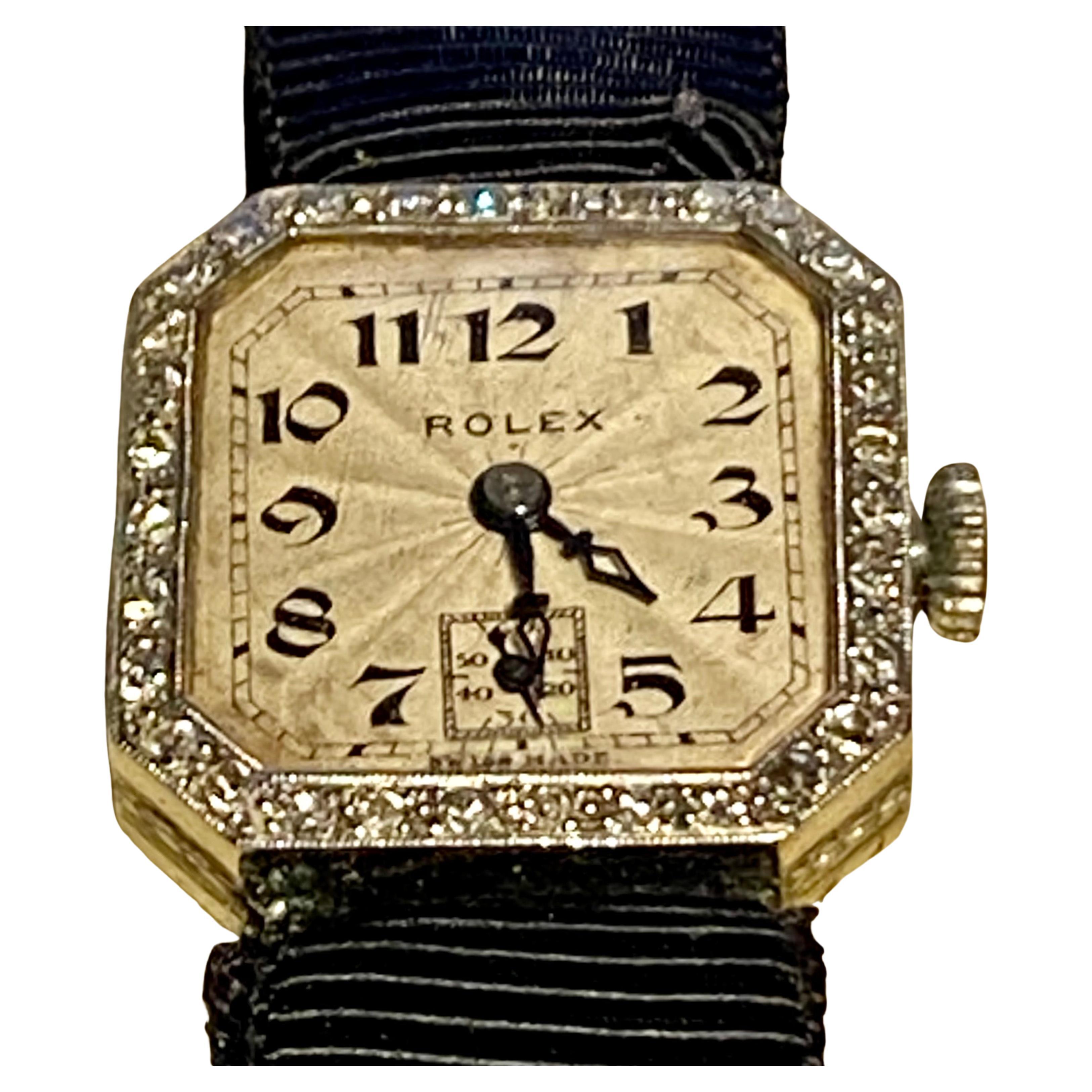 An original 1920s fine quality ladies ‘cocktail’ wristwatch by Rolex in 18ct white gold case and the guilloche enamelled face surrounded by diamonds. 