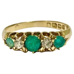 A Fine Edwardian Emerald & Diamond Solid 18ct Yellow gold Five Stone Ring