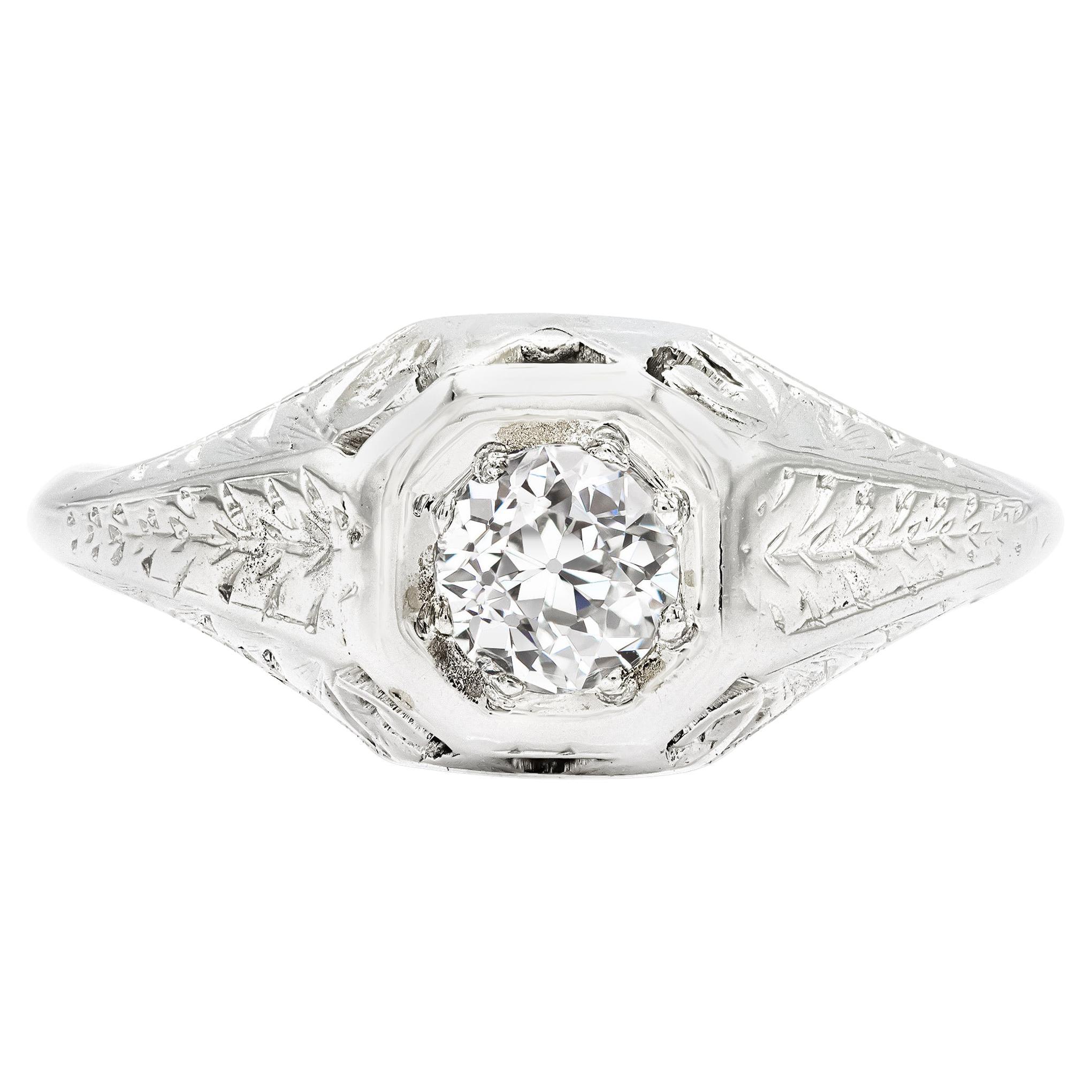 Art Deco 0.37 Ct. Solitaire Engagement Ring H-I SI1 in 14k White Gold For Sale