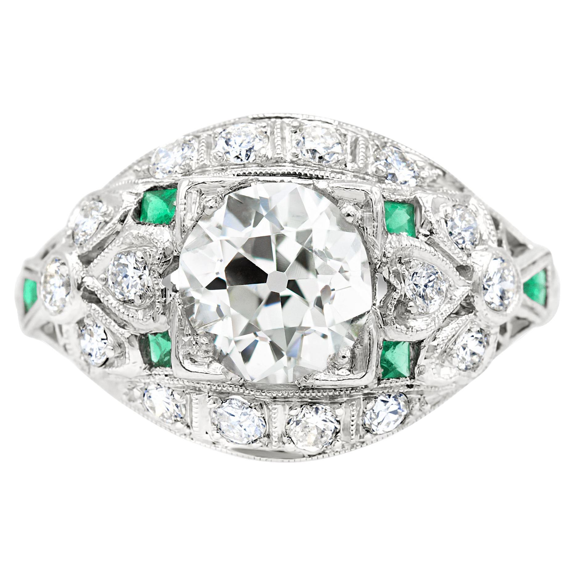 Art Deco 1.49 Ct. Diamond and Emerald Engagement Ring GIA J SI2, Platinum For Sale