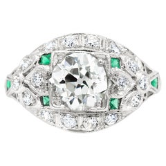 Art Déco 1,49 carat Bague de fiançailles en platine avec diamant et émeraude certifié GIA J SI2