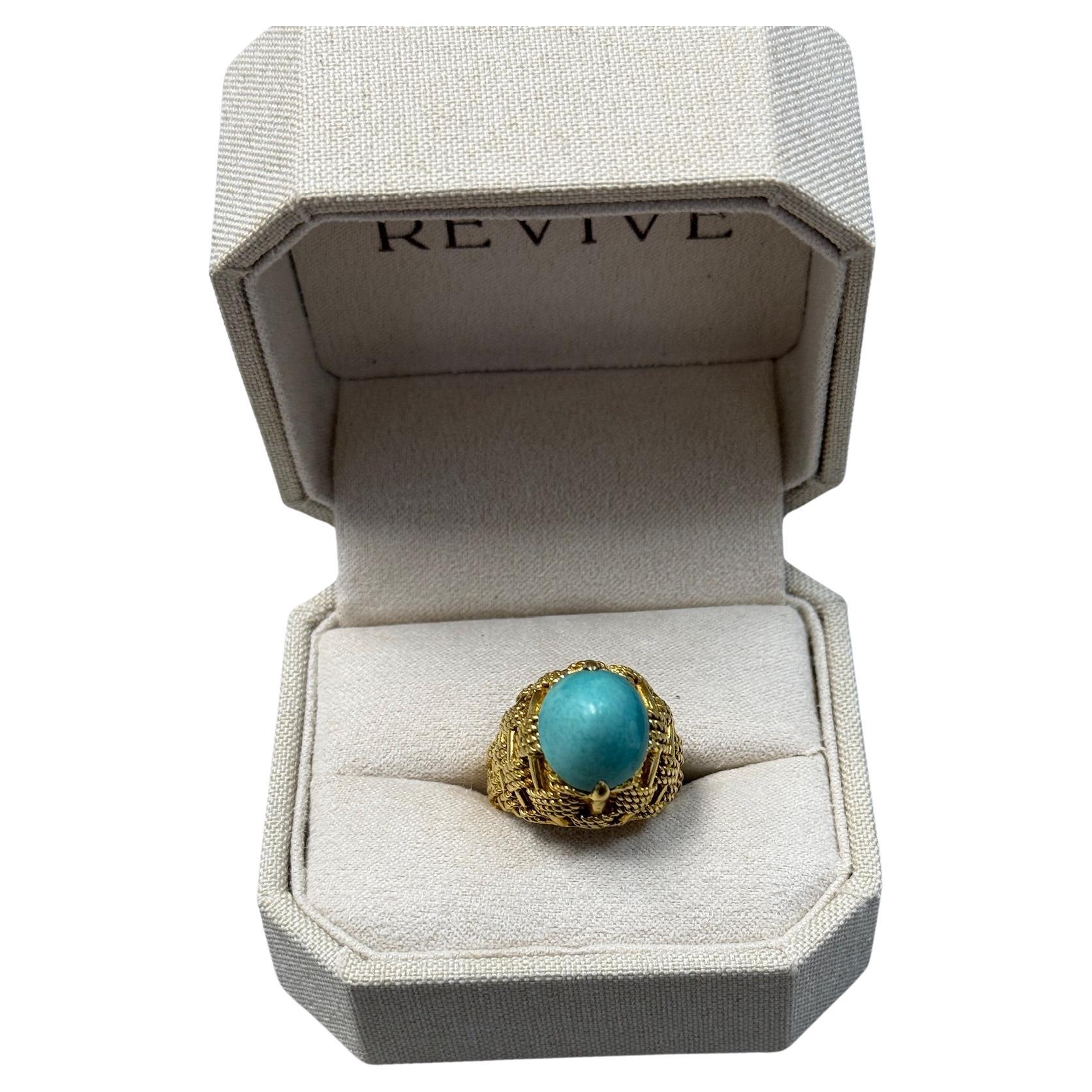 Estate Retro Basket Weave Dome Ring with Natural Turquoise 18k YG Size 7 R15504