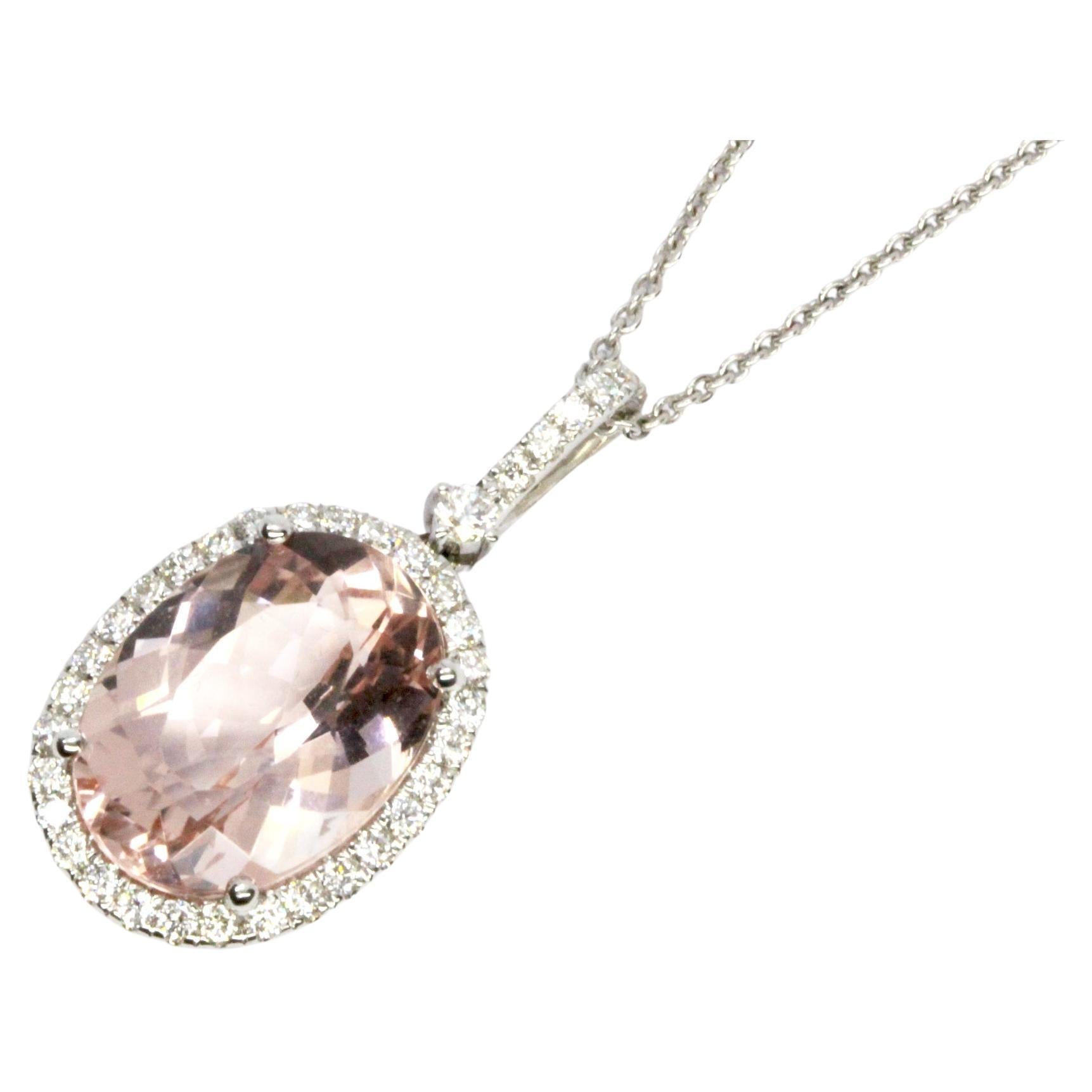 18ct White Gold Oval Morganite and Diamond Pendant For Sale