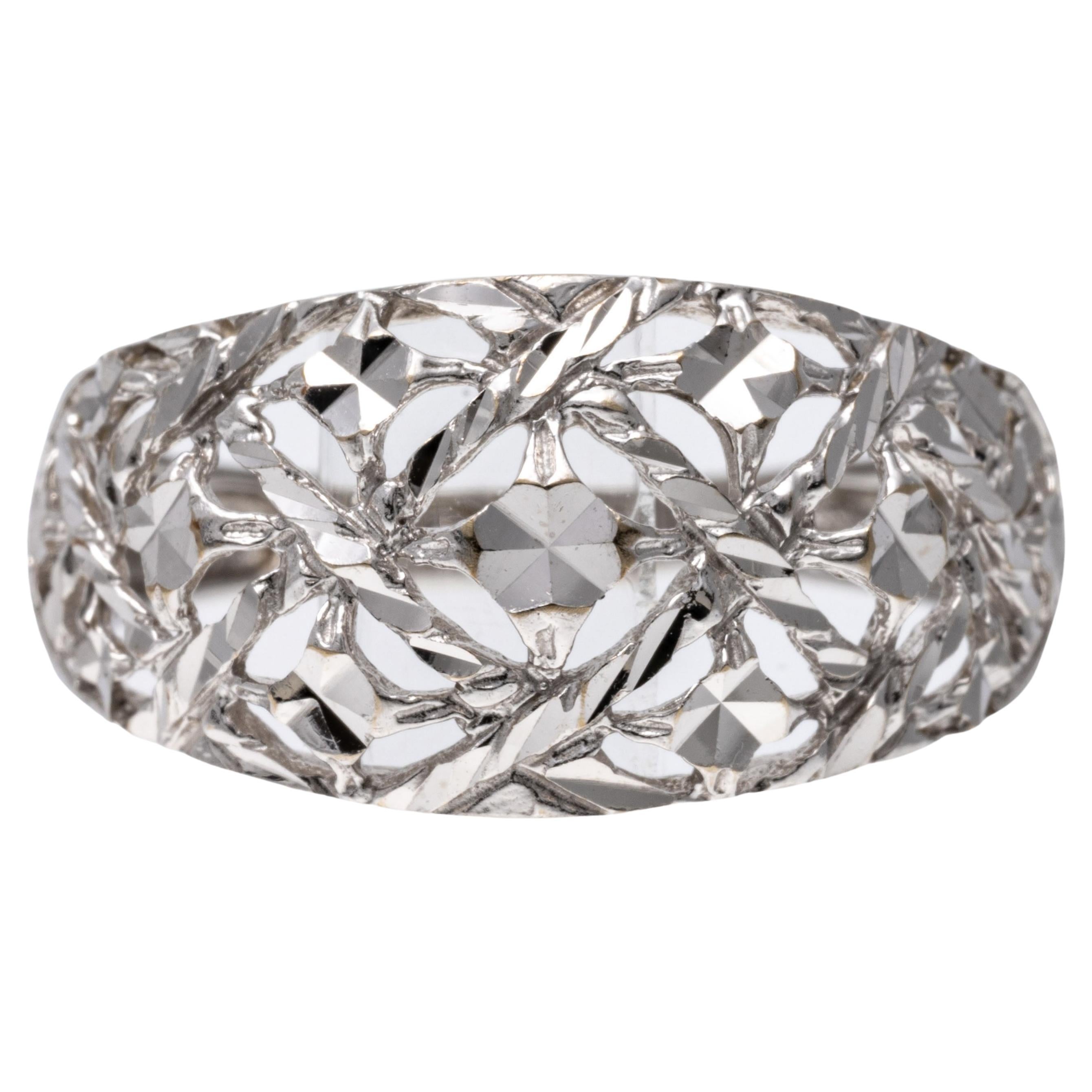 10k White Gold Lattice Style Diamond Cut Dome Ring For Sale