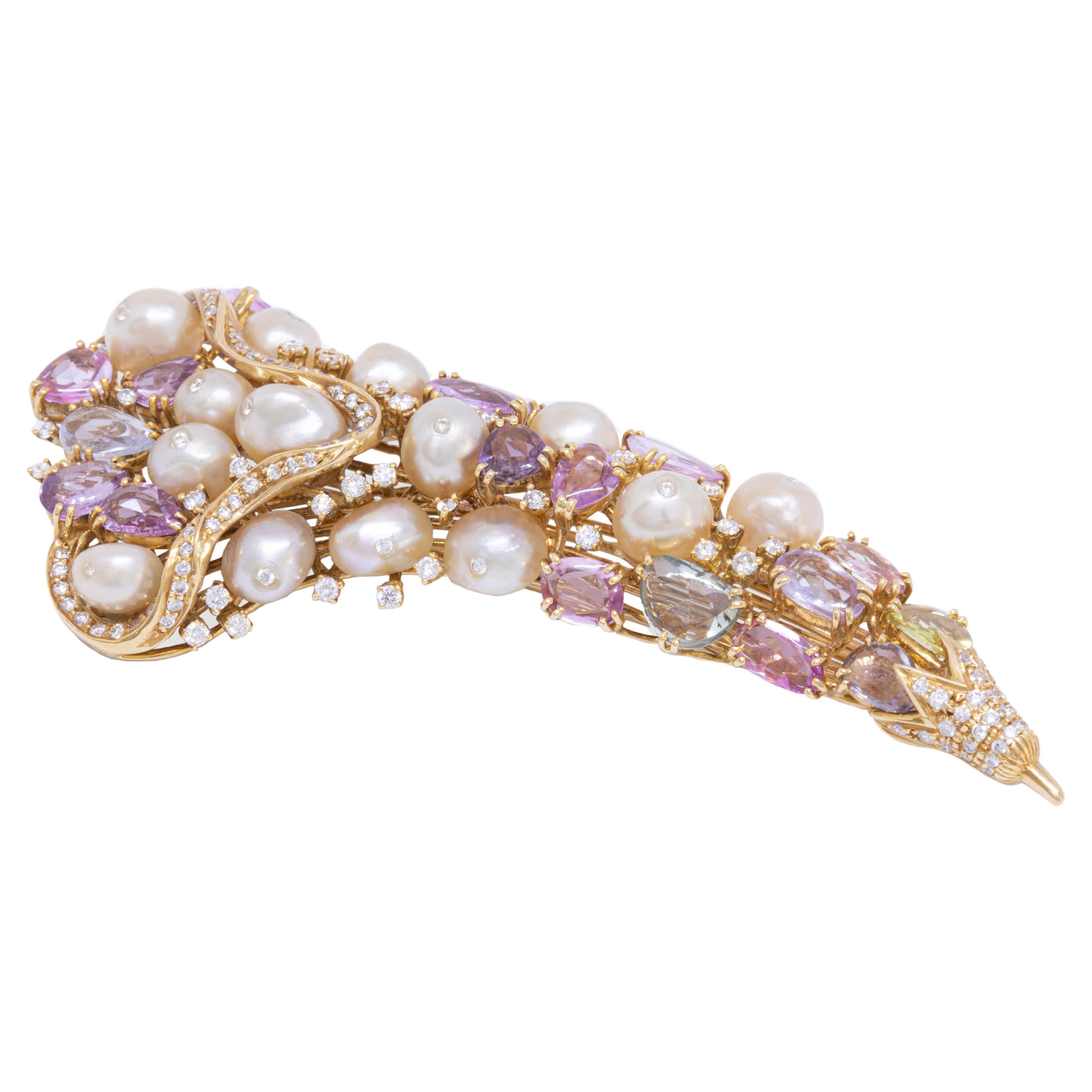 Rose Cut Sapphire & 27 Ct Certified Baroque Natural Pearls Flower Bouquet Brooch For Sale