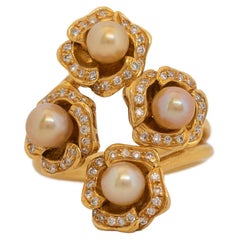 Certified Natural Bahraini Pearls Flowers Ring with Diamonds in 18 Karat Gold