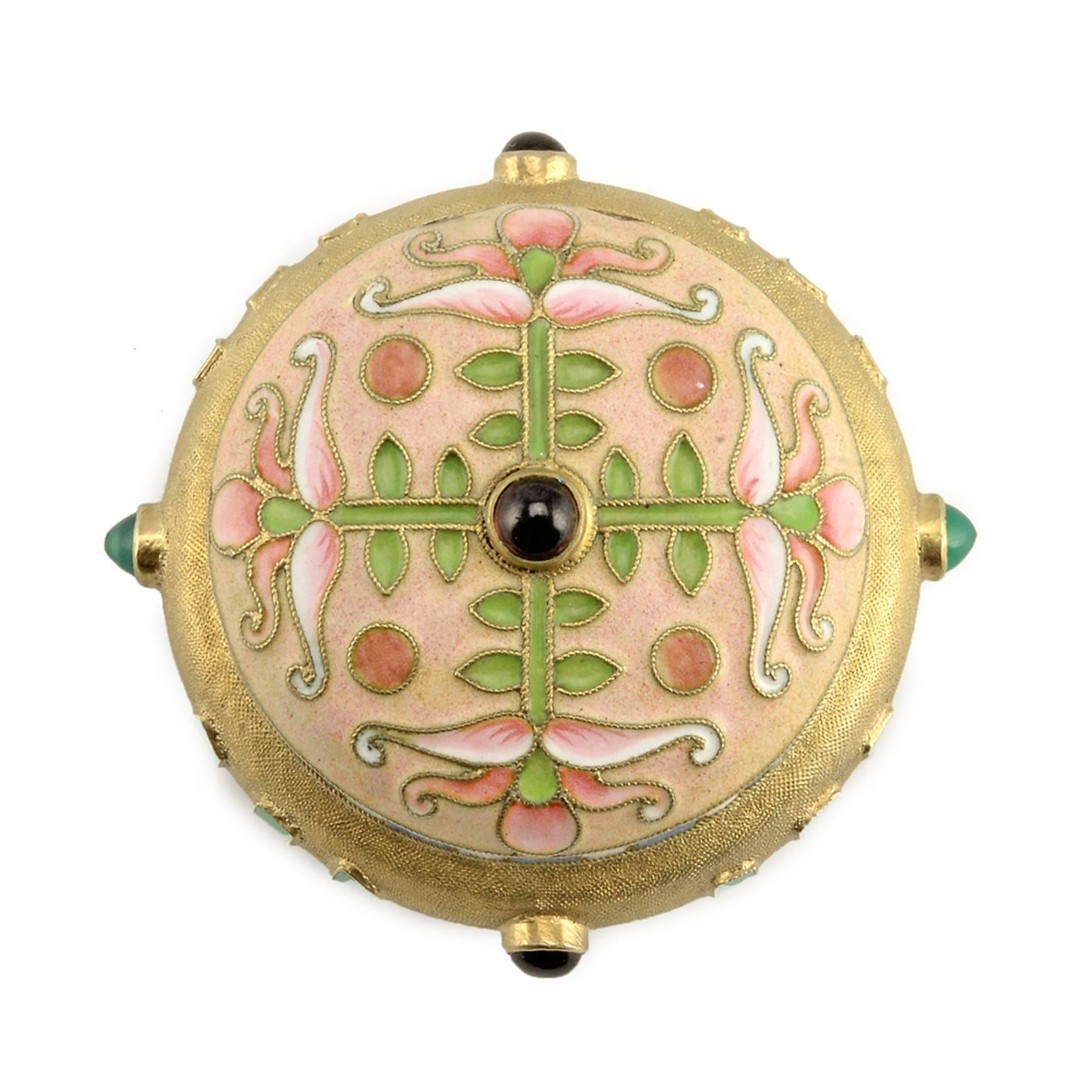 An unusual and interesting Russian gem-set gilded silver and shaded filigree enamel pastille or powder case, Maria Semenova, Moscow, circa 1896-1908. In the neo-Russian style, the hinged lid raised above the cushion-form body on a band enamelled