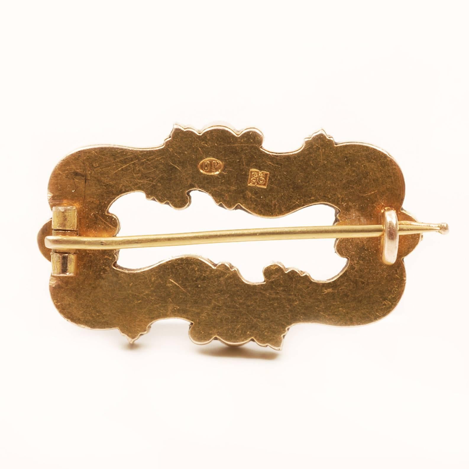 Belle Époque Fabergé Oscar Pihl Antique Russian Guilloché Enamel Diamond Gold Brooch