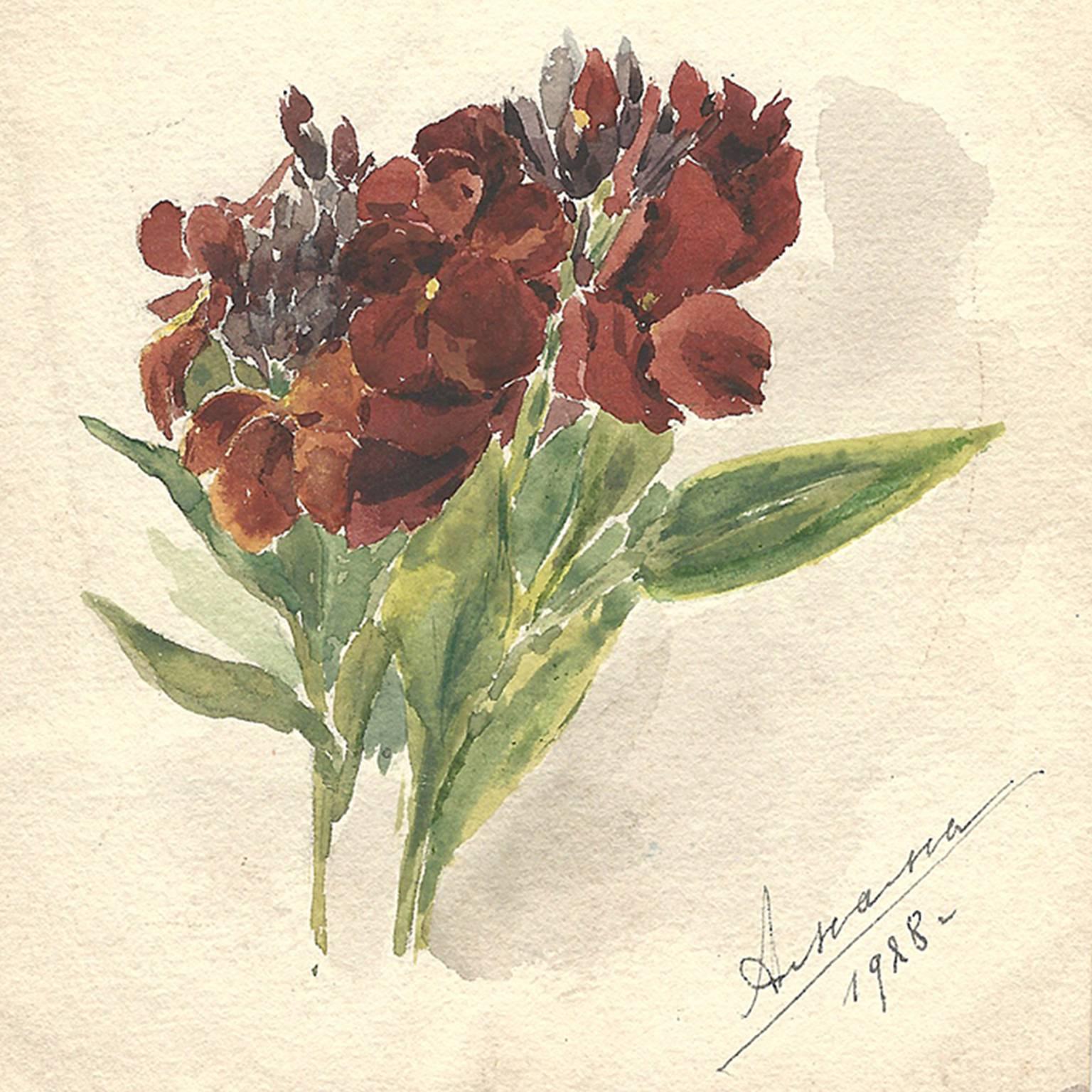 A signed watercolor of a bouquet of deep red flowers by Grand Duchess Xenia (or Ksenia) Alexandrovna (1875-1960). The bouquet of red flowers with leafy green stems is painted on card, signed at lower right 'Amama,' the Danish term for Grandmother