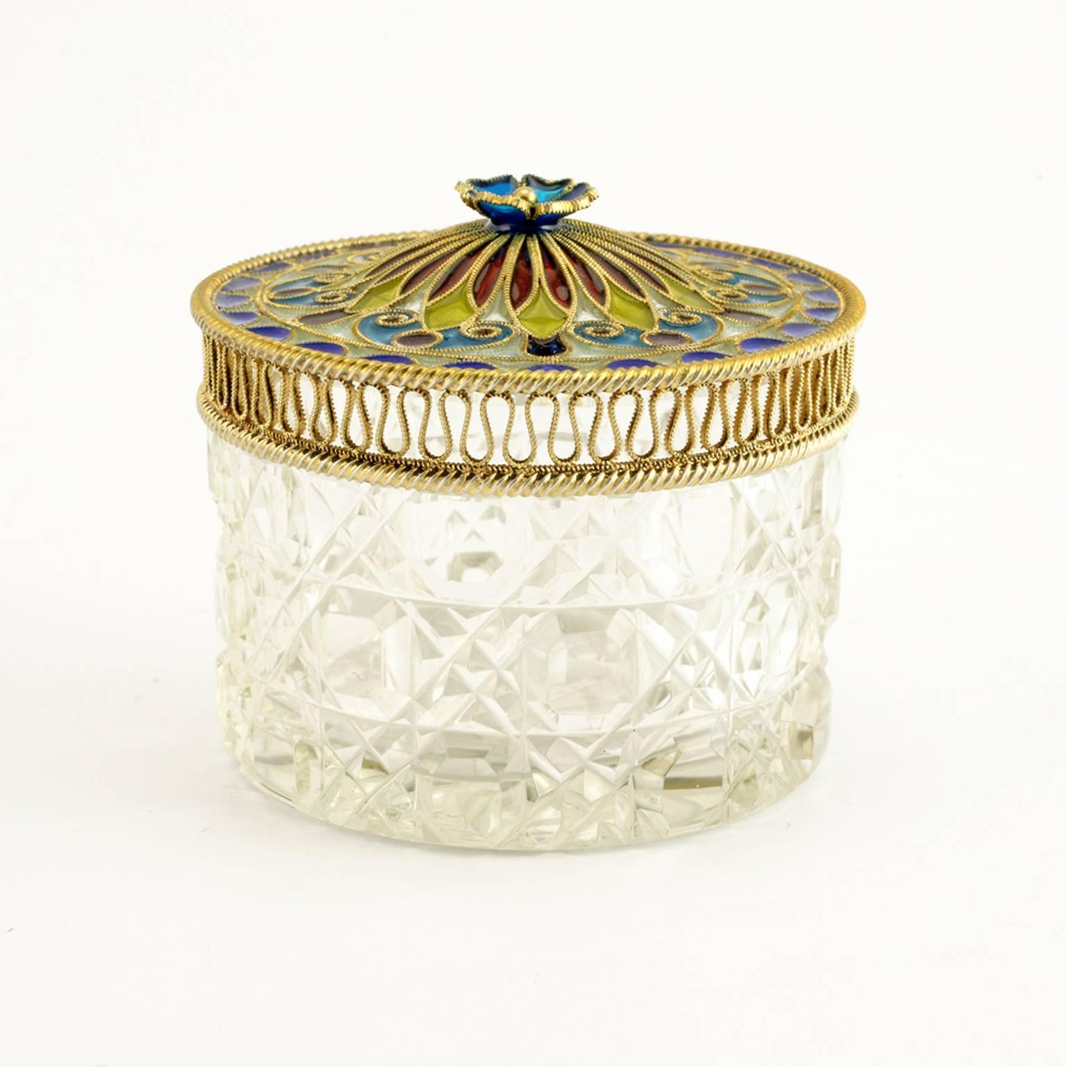 Aesthetic Movement Antique Norwegian Plique-à-Jour Enamel and Cut Glass Vanity or Trinket Jar