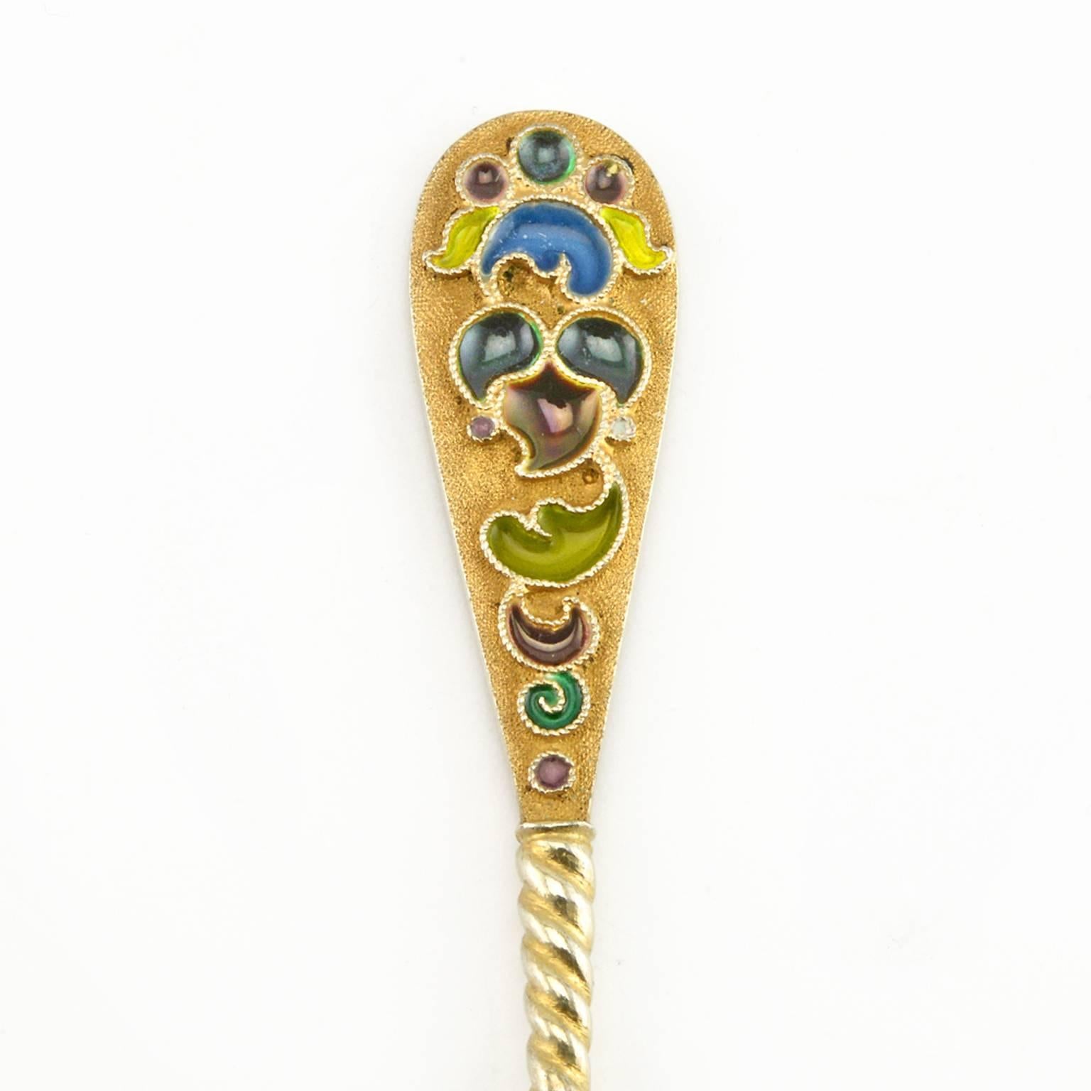 Russian Revival Antique Set of 12 Russian Silver and Enamel Spoons Retailed by Tiffany & Co.