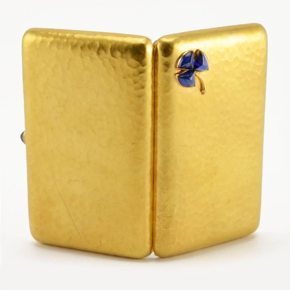 A Fabergé jeweled yellow gold case, workmaster Eduard Schramm, St. Petersburg, circa 1890, with original scratched Fabergé scratched inventory number 35325. Rounded rectangular, the surface hammered, the upper left corner of the hinged lid applied