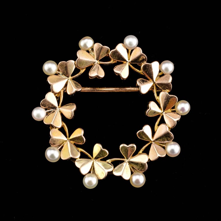 Antike Faberge Perle Gold Klee Kranz Brosche In Original Box antike-faberge-perle-gold-klee-kranz-brosche-in-original-box