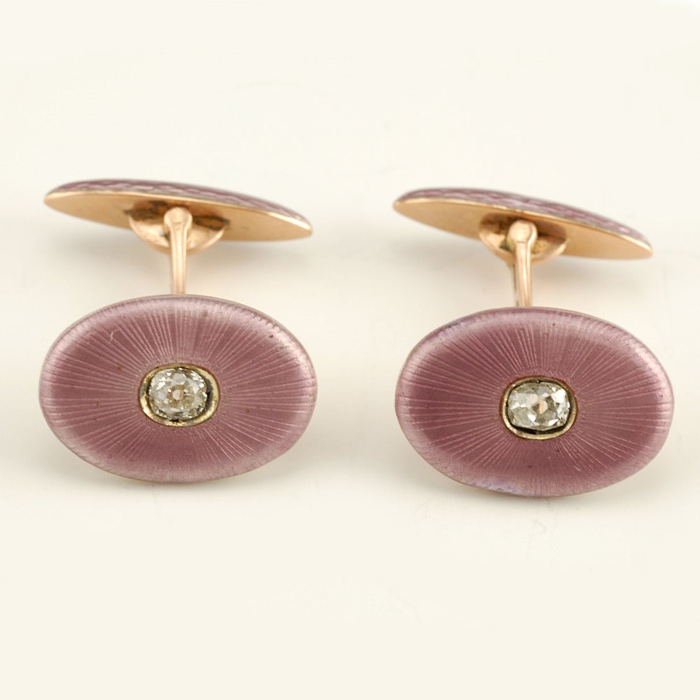 Pair of Russian Antique Diamond-Set Gold and Guilloché Enamel Cufflinks