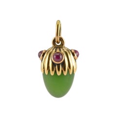 Faberge Antique Gold Ruby Nephrite Miniature Pendant Easter Egg