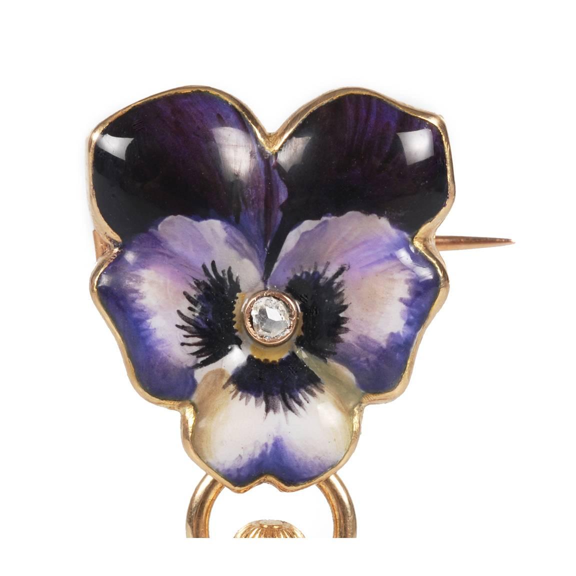 An antique Fabergé diamond-set gold Swiss pendant lovers' remembrance watch painted in pictorial enamels (or en plein) as deep purple wild pansy (viola tricolor, or heart's ease) blooms, B. Altenburger, retailed by Fabergé, circa 1895. The brooch