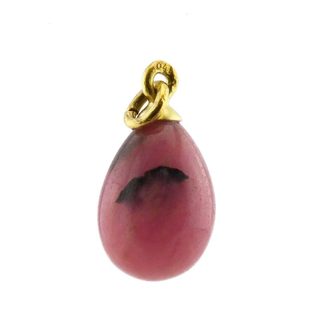 Russian Revival Antique Russian Carved Semiprecious Rhodonite and Gilded Silver Pendant Egg