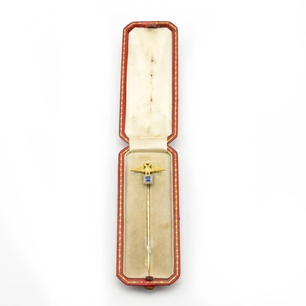 Russian Revival Rare Antique Fabergé Diamond Sapphire Gold Imperial Tie-Stick Pin Original Case
